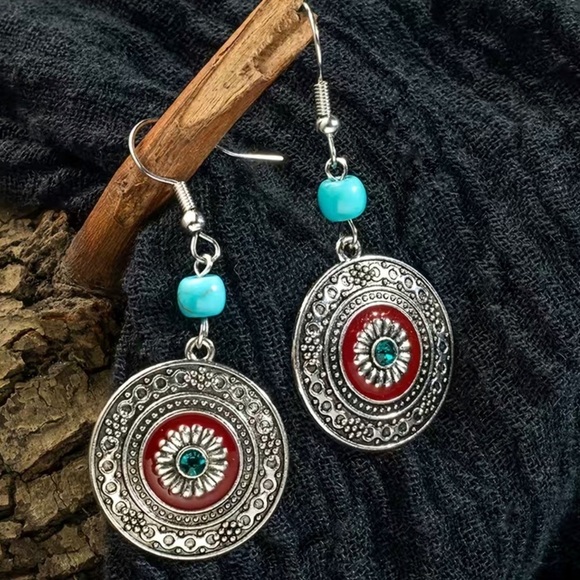 Boho Western Chic Dangle Drop Earrings Pierced Antique Silver Red Turquoise - Picture 16 of 16
